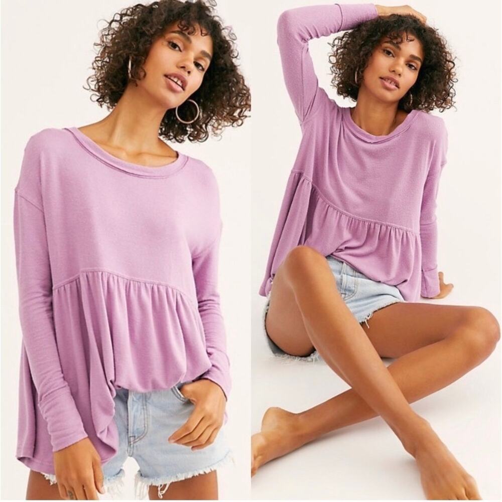 Free People Lilac Forever Your Girl Long Sleeve Babydoll Tee Small